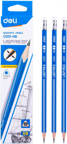 Карандаш ч/г Deli EC001-HB Uspire HB трехгран. тополь карт.кор. (12шт) ластик