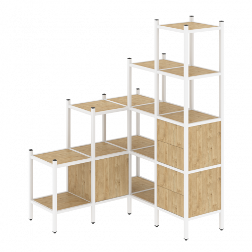 Loft Угловой внутренний стеллаж наборный VR.L-40 Тиквуд светлый/Белый металл 1278*1278*1869