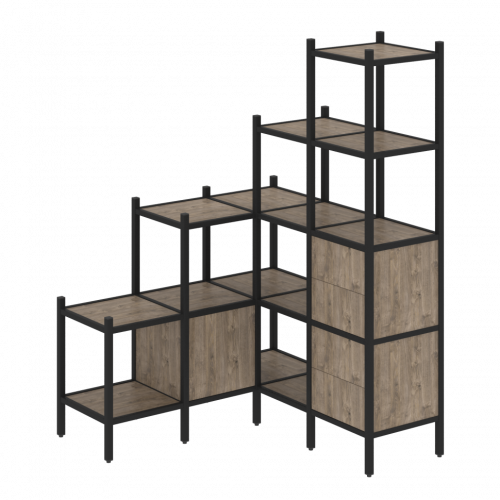 Loft Угловой внутренний стеллаж наборный VR.L-40 Тиквуд тёмный/Чёрный металл 1278*1278*1869