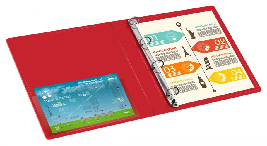 Папка на 4-х кольцах Бюрократ -0827/4RRED A4 пластик 0.7мм кор.27мм внутр. с вставкой красный