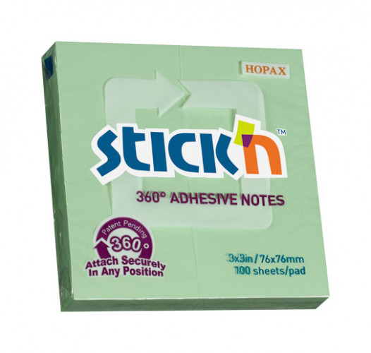 Блок самоклеящийся бумажный Stick`n 21552 76x76мм 100лист. 70г/м2 зеленый клей по периметру