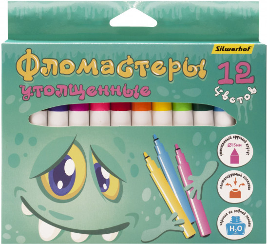 Фломастеры Silwerhof Монстрики Jumbo 15мм 138мм круглый пиш. наконечник Вентилируемый 12цв. коробка с европодвесом