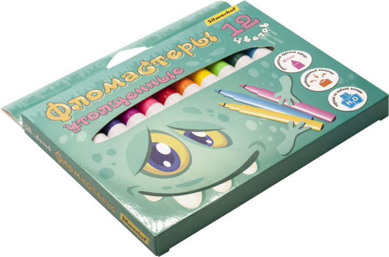 Фломастеры Silwerhof Монстрики Jumbo 15мм 138мм круглый пиш. наконечник Вентилируемый 12цв. коробка с европодвесом