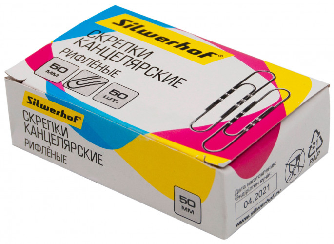 Скрепки Silwerhof металл оцинкованные рифленый 50мм (упак.:50шт) картонная коробка