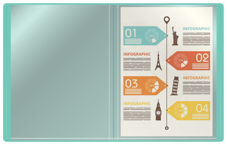 Папка с 20 прозр.вклад. Бюрократ Pastel PAST20GRN A4 пластик 0.5мм торц.карм с бум. встав мятный