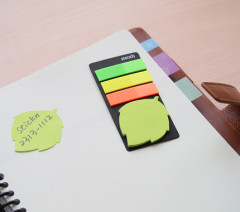 Блок самоклеящийся бумажный Stick`n 21476 44x44мм 20лист. 70г/м2 неон зеленый вырубной &quot;листок&quot; с пластиковыми закладками 12x45мм 3цв. европодвес