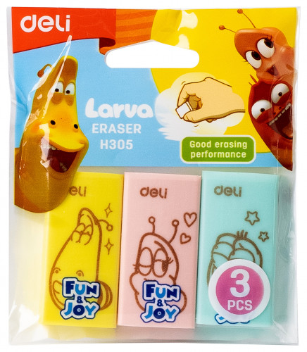 Ластик Deli EH305 Larva 40х20х10мм ПВХ ассорти (3шт)