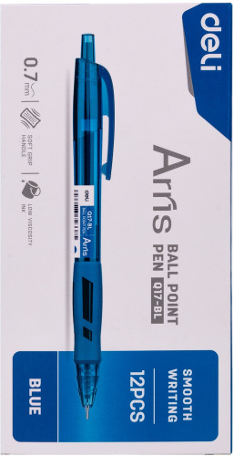 Набор ручек шариков. автоматическая Deli Arris EQ17-BL-P синий d=0.7мм син. черн. (12шт) резин. манжета
